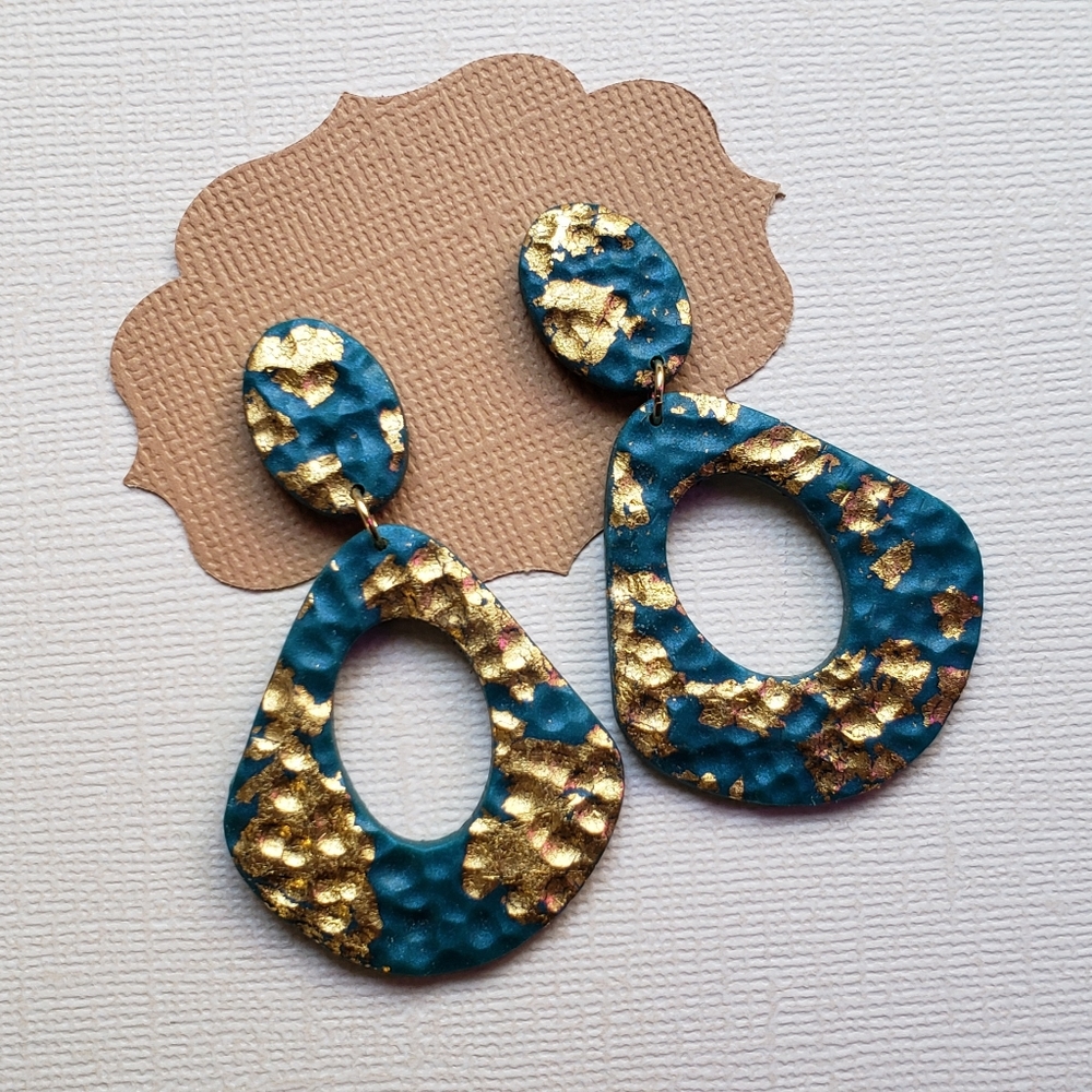 Gold leaf Teal Hammered Polymer clay Earrings